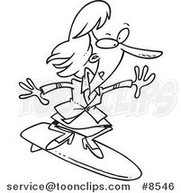 Cartoon Black and White Line Drawing of a Business Woman Surfing by Toonaday