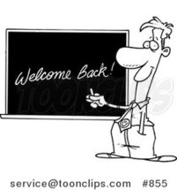 Cartoon Line Art Design of a School Teacher Writing Welcome Back on a Chalk Board by Toonaday