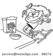 Cartoon Black and White Line Drawing of a Boy Eating Sugary Cereal by Toonaday