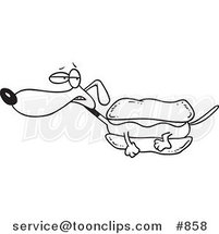 Cartoon Line Art Design of a Weiner Dog with Mustard in a Bun by Toonaday