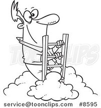 Cartoon Black and White Line Drawing of a Successful Business Man Climbing Above the Clouds by Toonaday