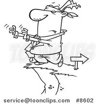 Cartoon Black and White Line Drawing of a Blindfolded Business Man Walking Towards a Cliff by Toonaday