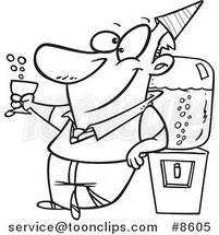 Cartoon Black and White Line Drawing of a Business Man Cheering by the Cooler by Toonaday