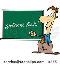 Cartoon School Teacher Writing Welcome Back on a Chalk Board by Toonaday