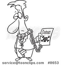 Cartoon Black and White Line Drawing of a Business Man Chained to a Contract by Toonaday