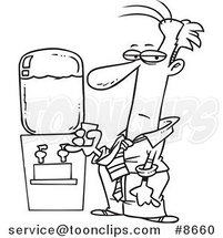 Cartoon Black and White Line Drawing of a Business Man by a Water Cooler by Toonaday