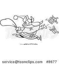Cartoon Black and White Line Drawing of Santa Tossing Gifts by Toonaday
