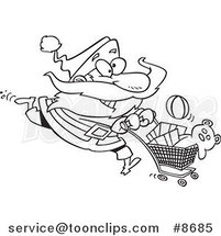 Cartoon Black and White Line Drawing of Santa Shopping by Toonaday