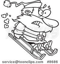 Cartoon Black and White Line Drawing of a Sledding Santa by Toonaday