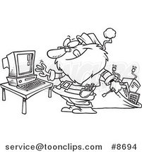 Cartoon Black and White Line Drawing of a Computer Repair Santa by Toonaday