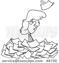 Cartoon Black and White Line Drawing of a Lady Standing in a Pile of Paperwork by Toonaday
