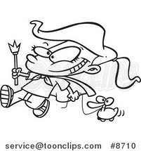 Cartoon Black and White Line Drawing of a Parade Girl Pulling a Duck by Toonaday