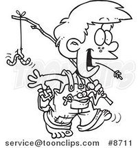 Cartoon Black and White Line Drawing of a Country Boy Carrying a Fishing Pole by Toonaday