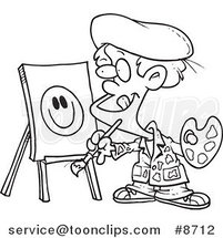 Cartoon Black and White Line Drawing of a Boy Painting a Smiley Face by Toonaday