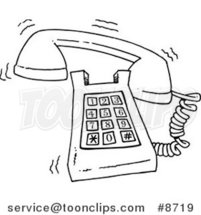 Cartoon Black and White Line Drawing of a Ringing Desk Phone by Toonaday