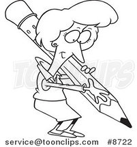 Cartoon Black and White Line Drawing of a Business Woman Writing with a Pencil by Toonaday