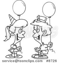 Cartoon Black and White Line Drawing of a Birthday Boy and Girl with Balloons by Toonaday