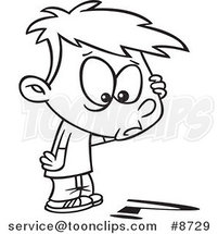 Cartoon Black and White Line Drawing of a Confused Boy Looking down at a Question Mark by Toonaday