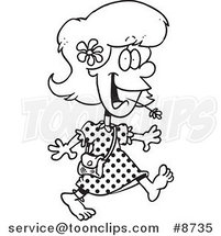 Cartoon Black and White Line Drawing of a Barefoot Country Girl by Toonaday