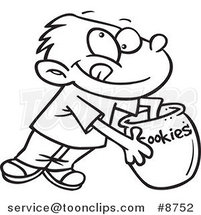 Cartoon Black and White Line Drawing of a Boy Reaching in a Cookie Jar by Toonaday