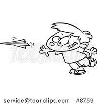 Cartoon Black and White Line Drawing of a Boy Throwing a Paper Plane by Toonaday