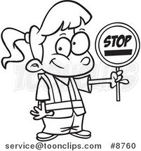 Cartoon Black and White Line Drawing of a Patrol Girl Holding a Stop Sign by Toonaday