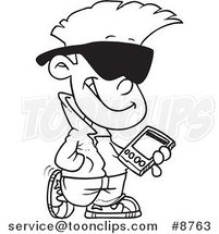 Cartoon Black and White Line Drawing of a Cool Kid Carrying a Smart Phone by Toonaday