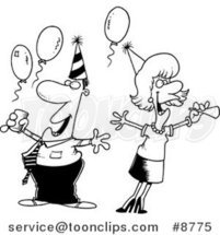 Cartoon Black and White Line Drawing of a Guy and Lady at an Office Party by Toonaday