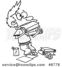 Cartoon Black and White Line Drawing of a Boy Cramming Books in His Mouth by Toonaday