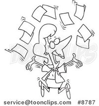 Cartoon Black and White Line Drawing of a Happy Business Woman Tossing Paperwork by Toonaday