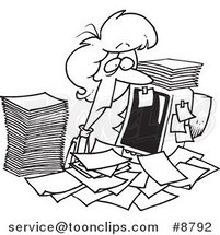 Cartoon Black and White Line Drawing of a Business Woman Surrounded by Paperwork at Her Office Desk by Toonaday