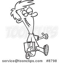 Cartoon Black and White Line Drawing of a Confident School Boy Holding a Thumb up by Toonaday