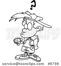 Cartoon Black and White Line Drawing of a Confused Boy Using a Compass by Toonaday