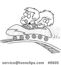 Cartoon Black and White Line Drawing of a Boy and Girl on a Roller Coaster by Toonaday