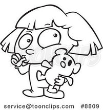 Cartoon Black and White Line Drawing of a Girl Sucking Her Thumb and Holding a Teddy Bear by Toonaday