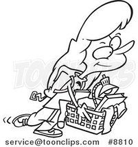 Cartoon Black and White Line Drawing of a College Girl Carrying a Basket of Items by Toonaday