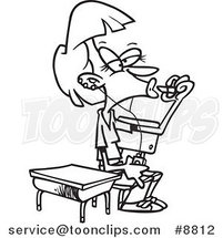 Cartoon Black and White Line Drawing of a High School Girl Applying Lipstick by Toonaday