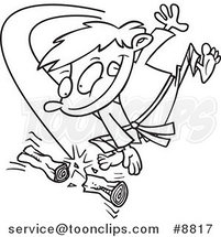 Cartoon Black and White Line Drawing of a Karate Boy Chopping Wood by Toonaday