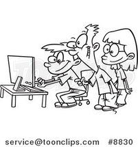 Cartoon Black and White Line Drawing of Boys and a Girl Using a Computer by Toonaday