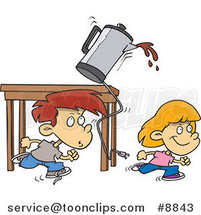 Cartoon Boy and Girl Running and Knocking over a Coffee Pot by Toonaday