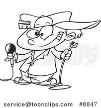 Cartoon Black and White Line Drawing of a Boy Comedian by Toonaday