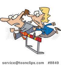 Cartoon Racing Businessman and Lady Jumping over a Hurdle by Toonaday
