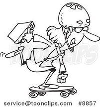 Cartoon Black and White Line Drawing of a Business Woman Skateboarding to Work by Toonaday