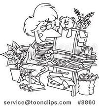 Cartoon Black and White Line Drawing of a Lady Working in Her Pjs in Her Cluttered Home Office by Toonaday