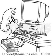 Cartoon Black and White Line Drawing of a Smart Boy Using a Computer by Toonaday