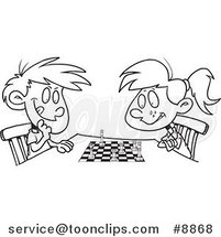 Cartoon Black and White Line Drawing of a Boy and Girl Playing Chess by Toonaday