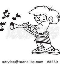 Cartoon Black and White Line Drawing of a Boy Playing a Clarinet by Toonaday