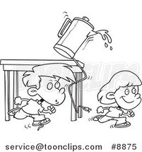 Cartoon Black and White Line Drawing of a Boy and Girl Running and Knocking over a Coffee Pot by Toonaday