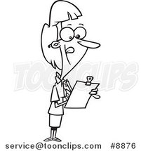 Cartoon Black and White Line Drawing of a Female Supervisor Using a Clip Board by Toonaday