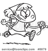 Cartoon Black and White Line Drawing of a Hiker Girl Running with a Compass by Toonaday